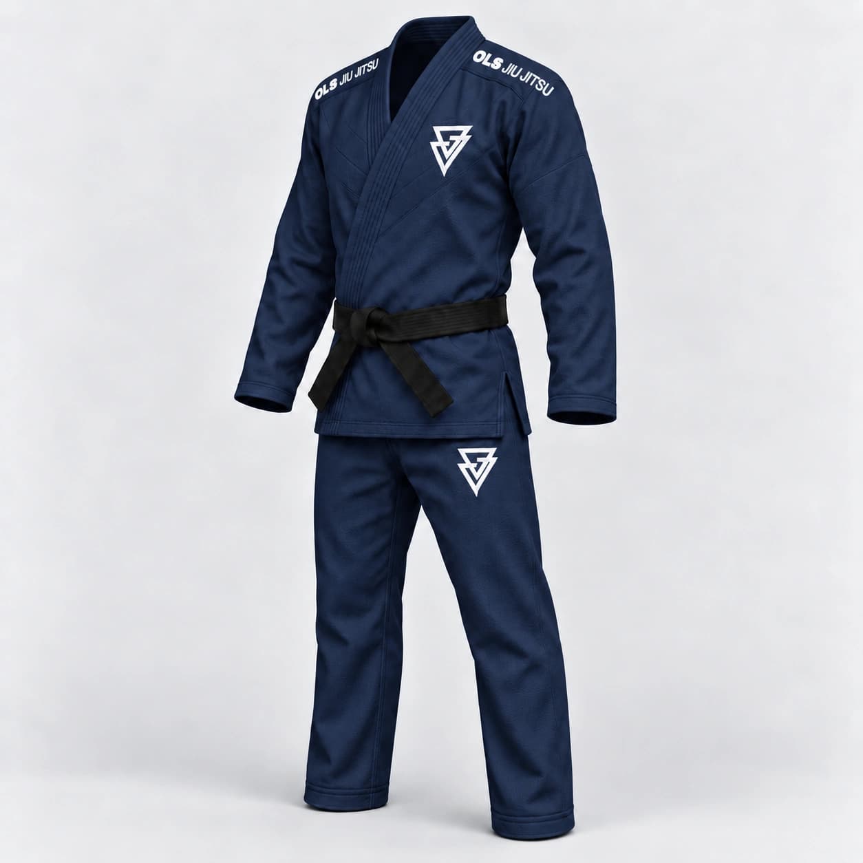 Kimono OLS azul, visto de três quartos